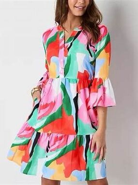 Chetta B Multicolor Abstract Tiered Midi Dress - Pink & Green